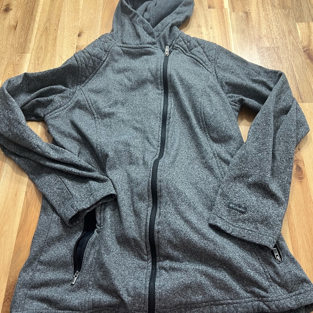Columbia Gray Full Zip Hooded Jacket Womens Large Fleece Lightweight